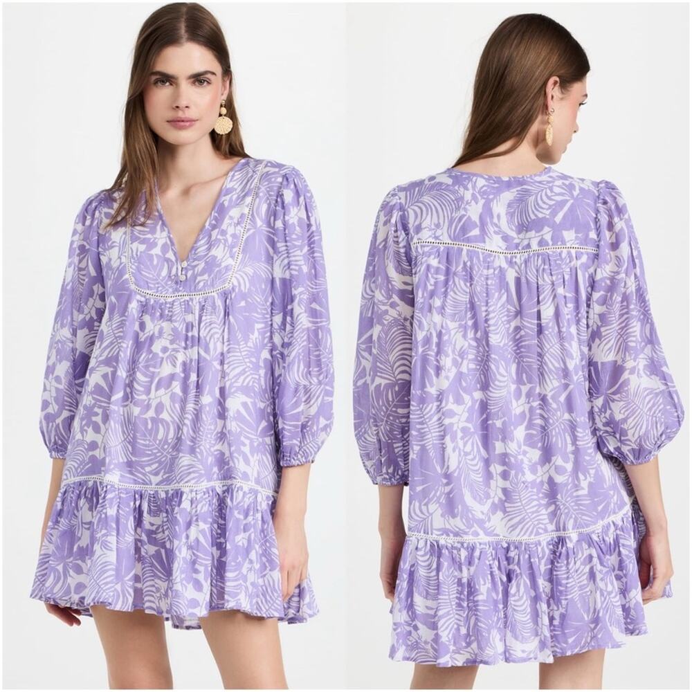 SUNDRY Palm Beach Tropical Print Ruffle Dress in Bright Orchid
